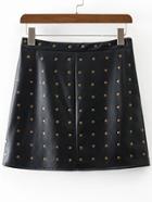 Romwe Black Studded Embellished Pu A Line Skirt