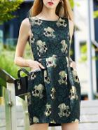 Romwe Green Round Neck Sleeveless Jacquard Pockets Dress