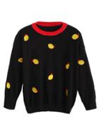 Romwe Black Contrast Neck Lemon Embroidered Sweater