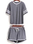 Romwe Contrast Collar Short Sleeve Top With Drawstring Grey Shorts