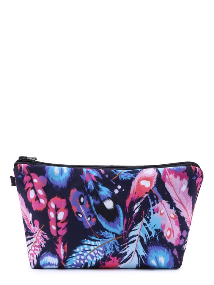 Romwe Multi Feather Print Makeup Bag