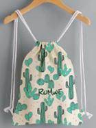 Romwe Cactus Print Drawstring Canvas Backpack