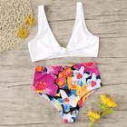 Romwe Plunging Neck Top With Random Watercolor Floral Bikini
