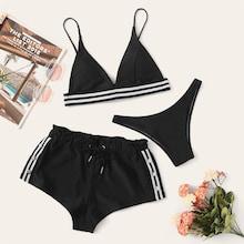 Romwe Striped Drawstring 3 Piece Co-ord Bikini