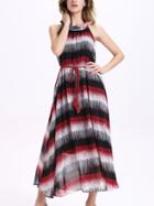 Romwe Ruffled Halter Neck Tie Dye Striped Long Dress