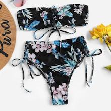Romwe Random Floral Lace-up Bandeau With Tie Side Bikini
