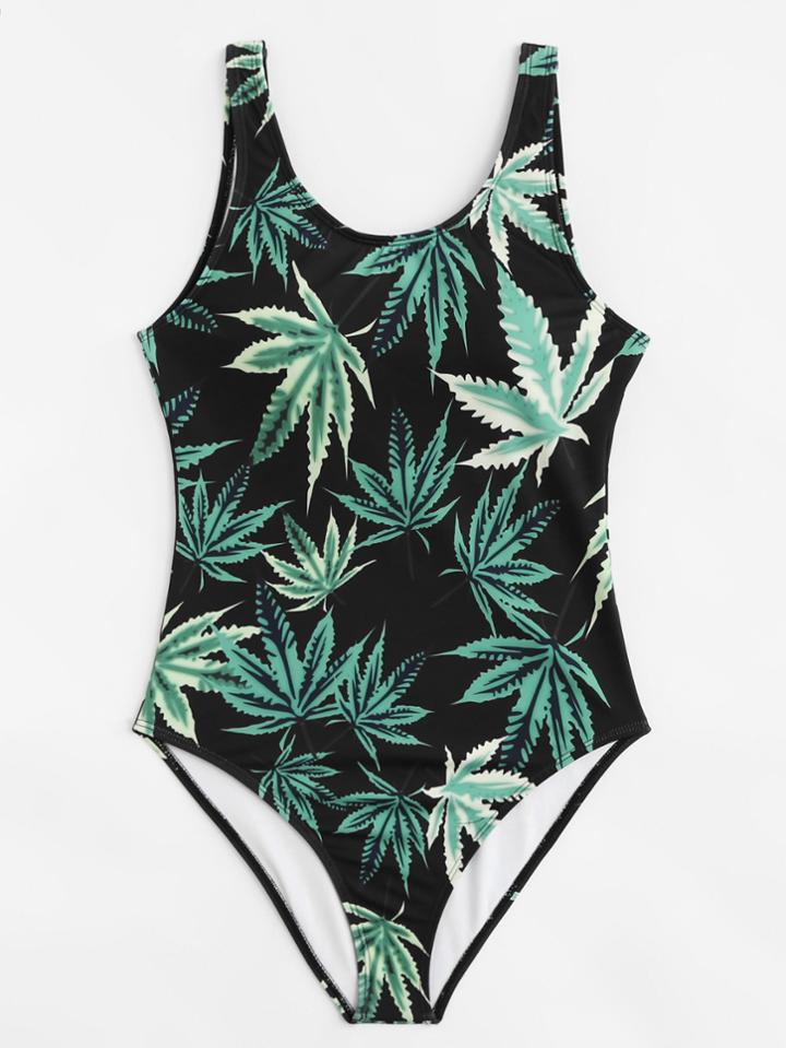 Romwe Maple Leaf Print Swimsuit
