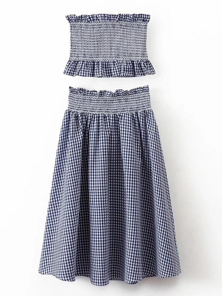 Romwe Grid Crop Top With Elastic Waist Skirt