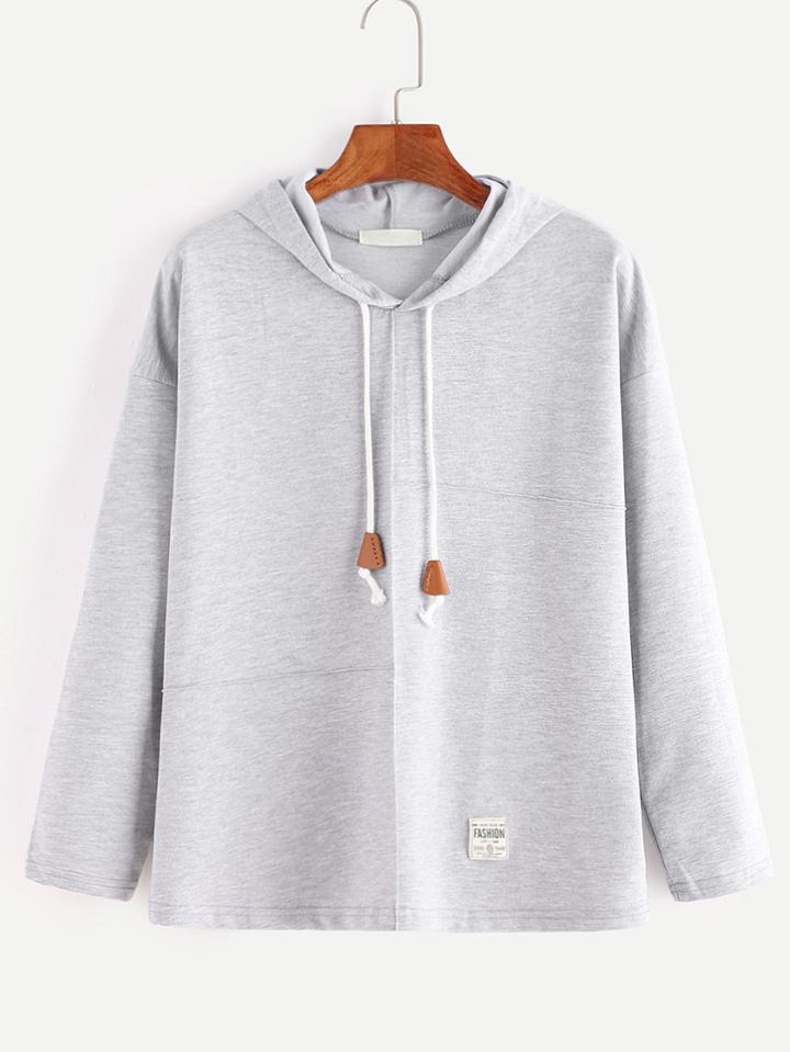 Romwe Pale Grey Drop Shoulder Patch Detail Drawstring Hoodie