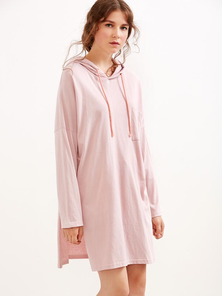 Romwe Pink Dropped Shoulder Seam High Slit Drawstring Hooded Sweatshirt