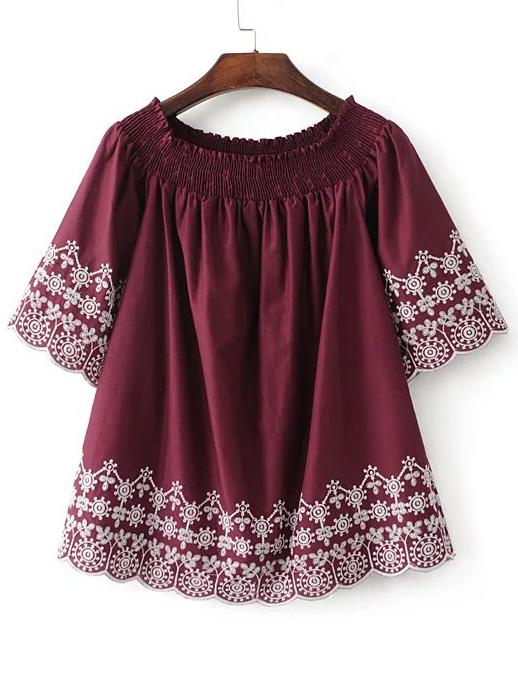 Romwe Burgundy Embroidery Scalloped Trim Off The Shoulder Blouse