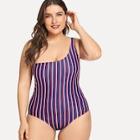 Romwe Plus One Shoulder Striped Swimsuit