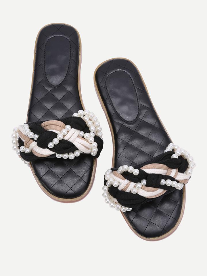 Romwe Black Pearl Detail Braided Design Slippers