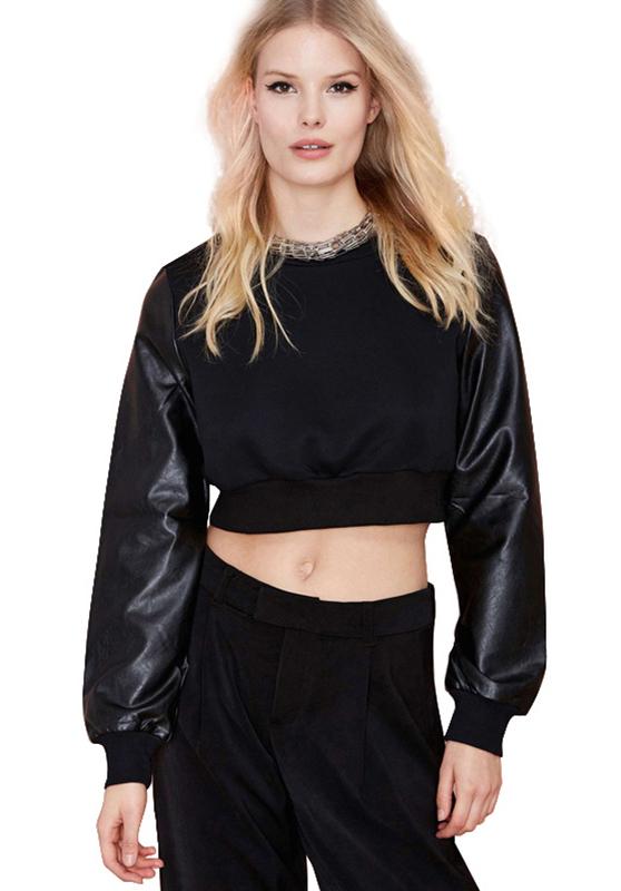 Romwe Contrast Pu Leather Crop Sweatshirt