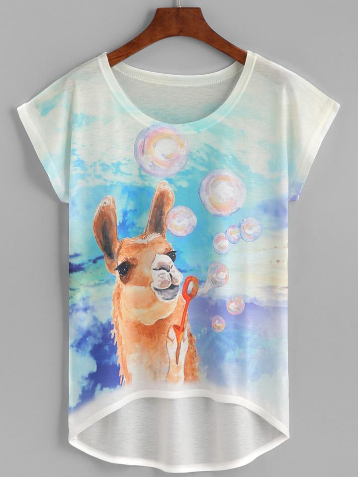 Romwe Alpaca Print High Low Cap Sleeve T-shirt
