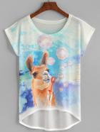 Romwe Alpaca Print High Low Cap Sleeve T-shirt