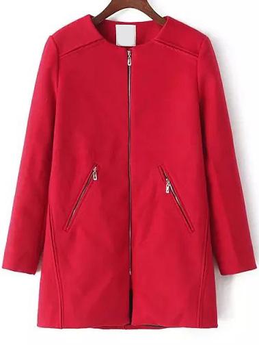 Romwe Round Neck Zipper Woolen Red Coat