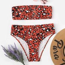 Romwe Leopard Lace-up Bandeau With High Waist Bikini Set