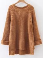 Romwe Khaki Raglan Sleeve Dip Hem Sweater