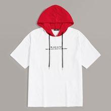 Romwe Guys Slogan Print Drawstring Detail Hoodie Tee