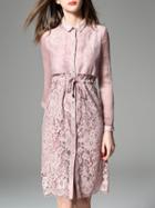 Romwe Pink Lapel Contrast Gauze Drawstring Lace Dress
