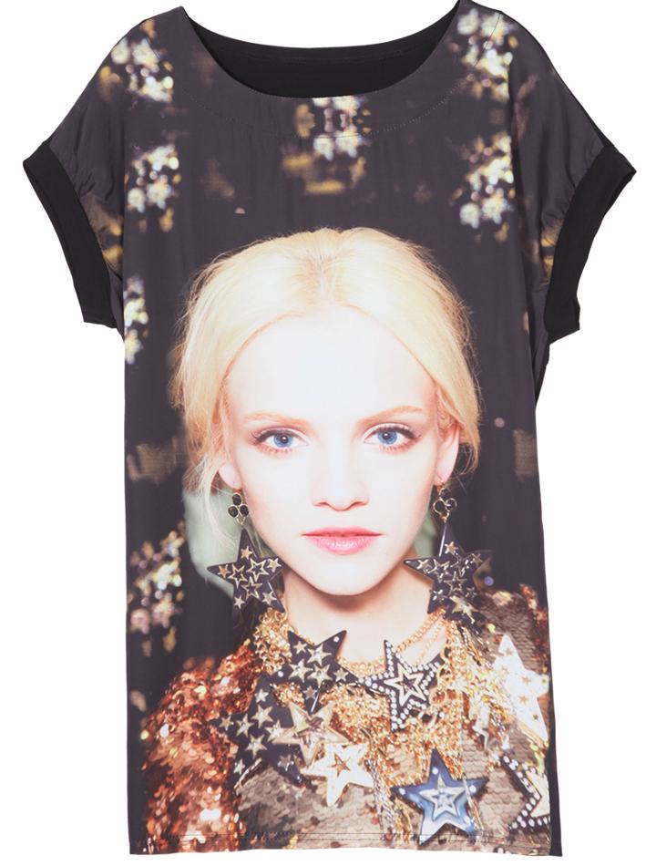 Romwe Round Neck Beauty Print Black T-shirt