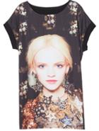 Romwe Round Neck Beauty Print Black T-shirt