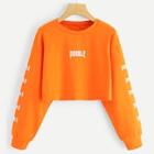 Romwe Neon Orange Letter Print Crop Sweatshirt