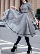 Romwe Grey Lapel Houndstooth Belted A-line Dress