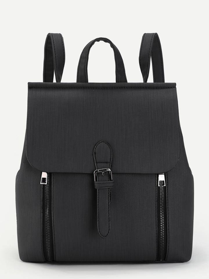 Romwe Buckle Front Double Zipper Pu Backpack