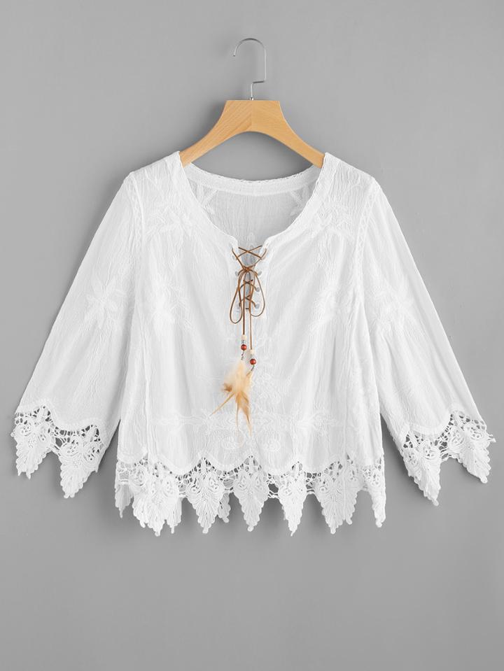 Romwe Feather Lace Up Embroidered Crochet Hem Top