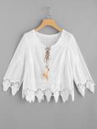 Romwe Feather Lace Up Embroidered Crochet Hem Top