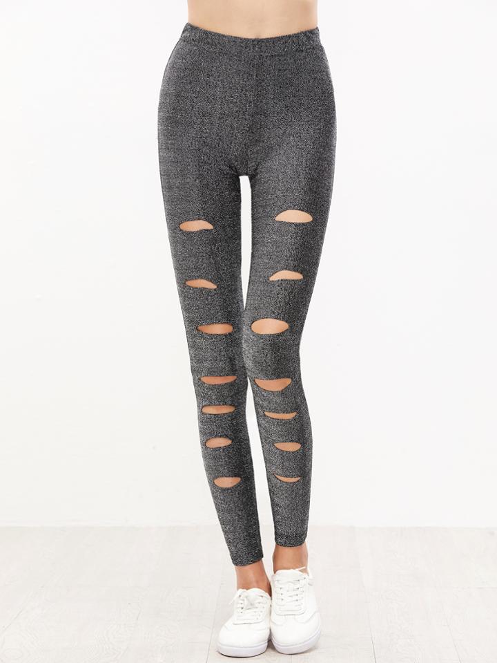 Romwe Silver Ripped Sparkle Leggings