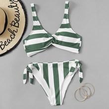 Romwe Striped Twist Top With High Leg Bikini Set