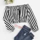 Romwe Striped Off The Shoulder Button Through Blouse