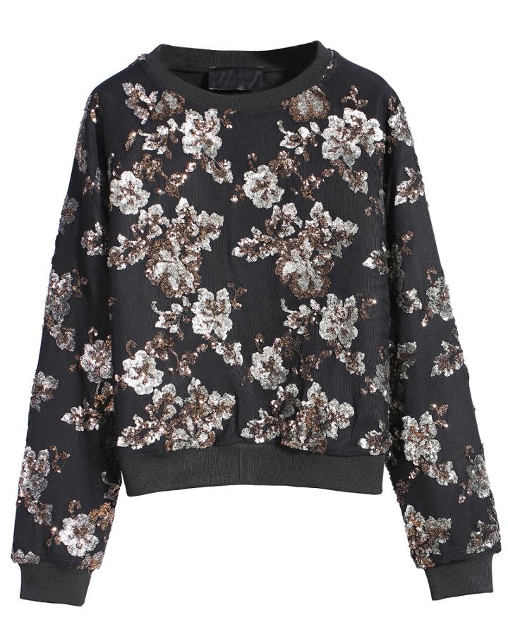 Romwe Sequined Crop Black Sweatshirt