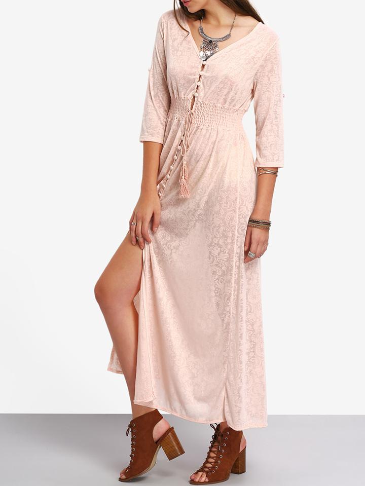 Romwe V-neck Button Front Shirred Waist Long Dress