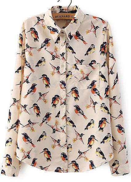 Romwe Apricot Lapel Birds Print Loose Blouse