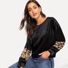 Romwe Contrast Leopard Print Pullover Velvet Sweatshirt