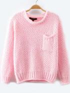 Romwe Round Neck Pocket Knit Pink Sweater