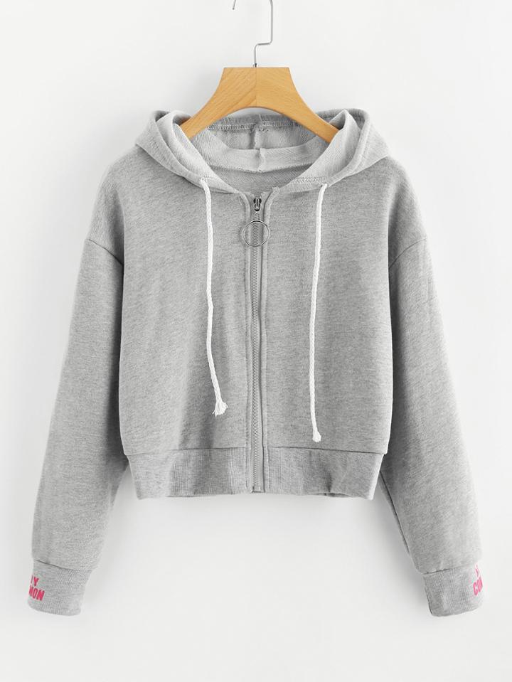 Romwe Drop Shoulder Slogan Print Zip Up Jacket