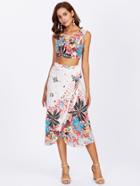Romwe Botanical Crop Tank Top & Overlap Skirt Set