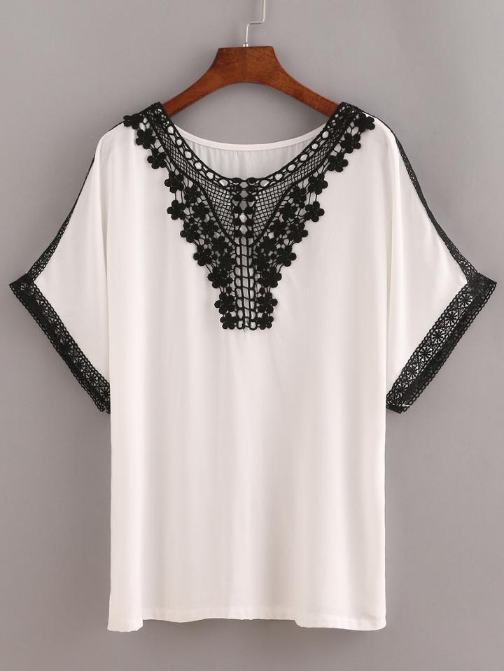 Romwe Lace Trimmed Peasant Top - White