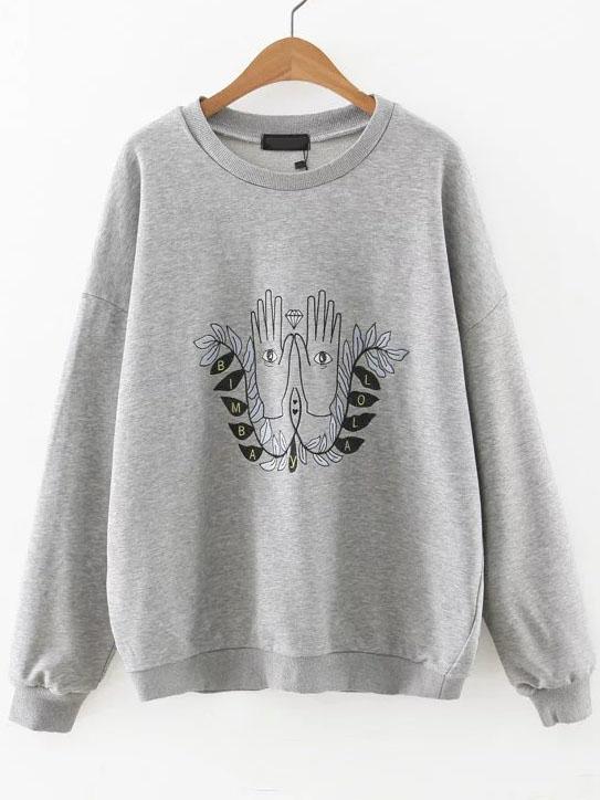 Romwe Grey Palm Embroidery Drop Shoulder Sweatshirt