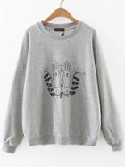 Romwe Grey Palm Embroidery Drop Shoulder Sweatshirt