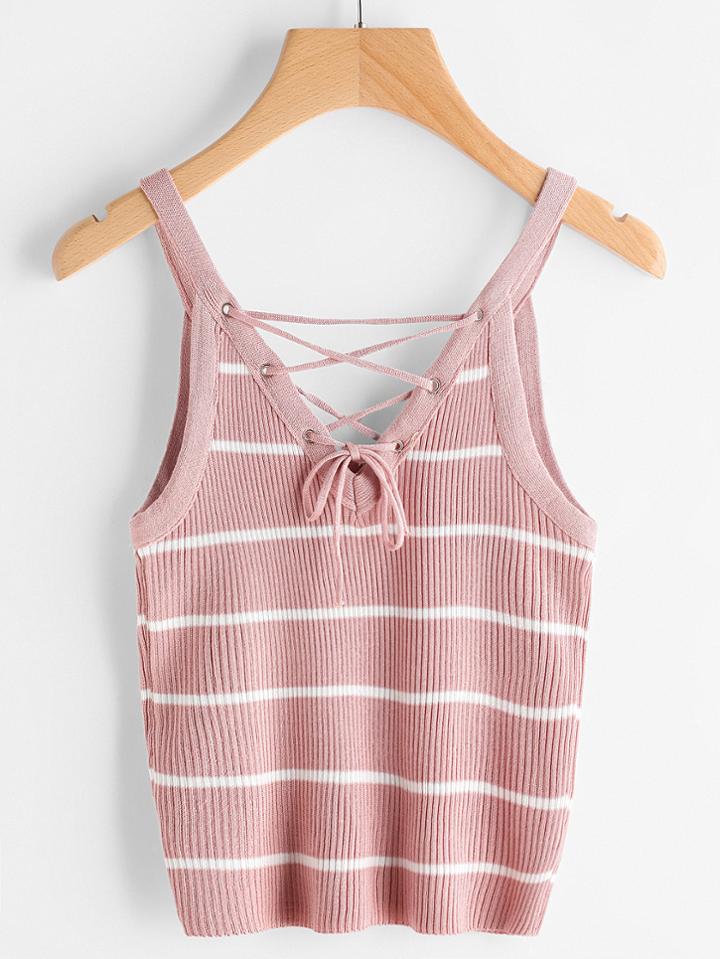 Romwe Striped Eyelet Lace Up Cami Top