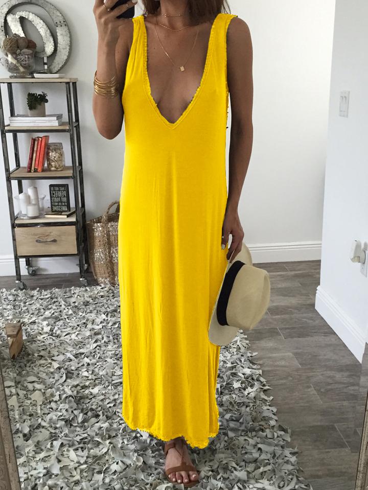 Romwe Yellow Double V Neck Crochet Trim Slit Tank Dress