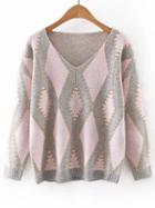 Romwe Pink V Neck Geometric Printed Sweater