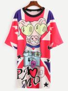 Romwe Multicolor Pig Print Drop Shoulder Tee Dress