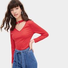 Romwe V-cut Neck Ribbed Solid Tee
